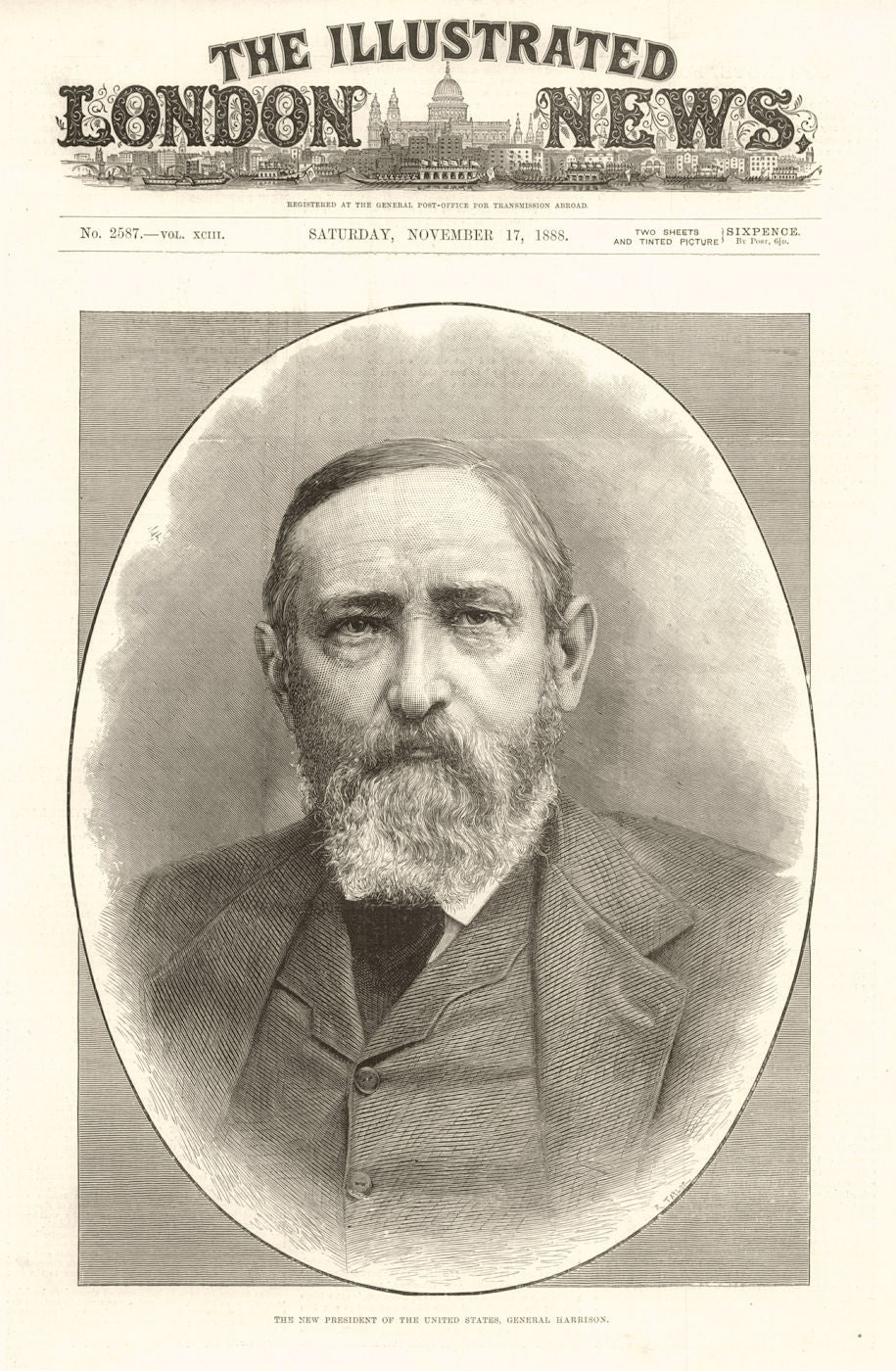 The new President of The United States, General Harrison. USA. Politics 1888